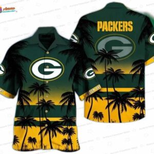 Emerald Sunset Palm Green Bay Packers Hawaiian Shirt, Island Fan Aloha Button-Up
