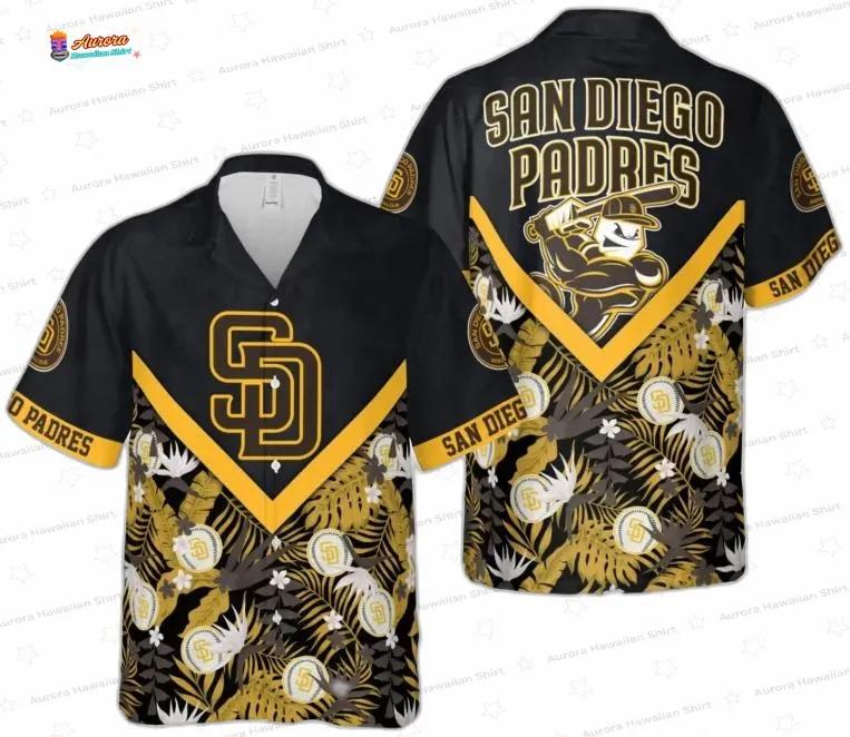 Black Gold Tropical Leaf San Diego Padres Hawaiian Shirts