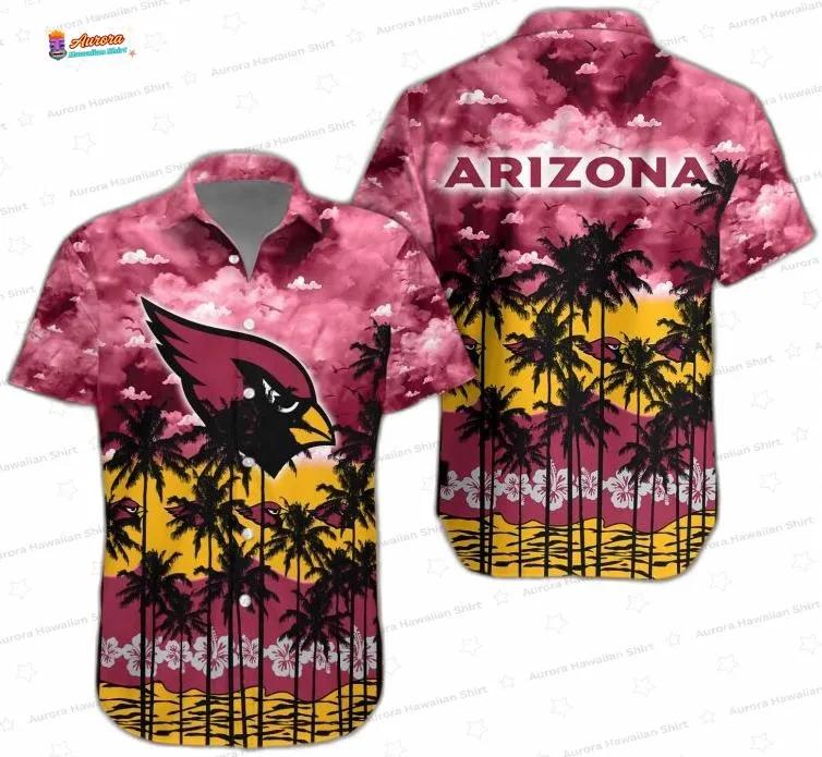Red Sunset Palm Arizona Cardinals Hawaiian Shirt, Tropical Fan Aloha Button-Up Red Sunset Palm Arizona Cardinals Hawaiian Shirt, Tropical Fan Aloha Button-Up