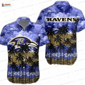 Palm Trees Sunset Baltimore Ravens Hawaiian Shirt, Purple Beach NFL Aloha Button-Up for Football Fan Vacation Gift