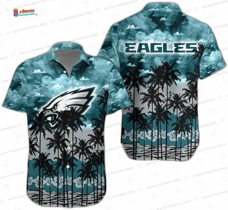 Cloudy Palm Coast Philadelphia Eagles Hawaiian Shirt, Coastal Fan Aloha Button-Up Cloudy Palm Coast Philadelphia Eagles Hawaiian Shirt, Coastal Fan Aloha Button-Up