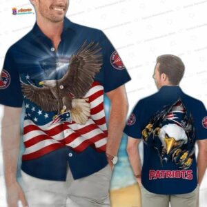 Patriotic Eagle New England Patriots Hawaiian Shirt, Navy Flag NFL Aloha Button-Up for Football Fan Gift