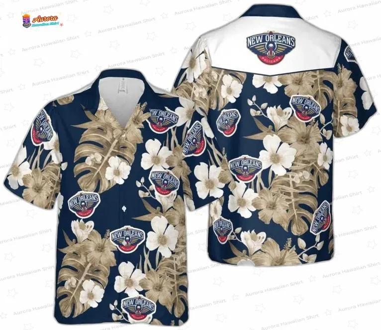 Navy Gold Tropical Floral Game Day New Orleans Pelicans Hawaiian Shirts Navy Gold Tropical Floral Game Day New Orleans Pelicans Hawaiian Shirts