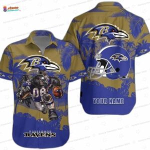 Custom Purple Gold Baltimore Ravens Hawaiian Shirt, Tropical Football Vacation Button-Up Gift