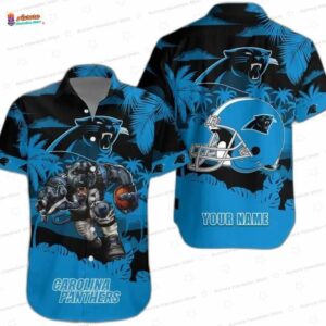 Custom Gridiron Warrior Carolina Panthers Hawaiian Shirt, Blue Tropical Fan Aloha Button-Up
