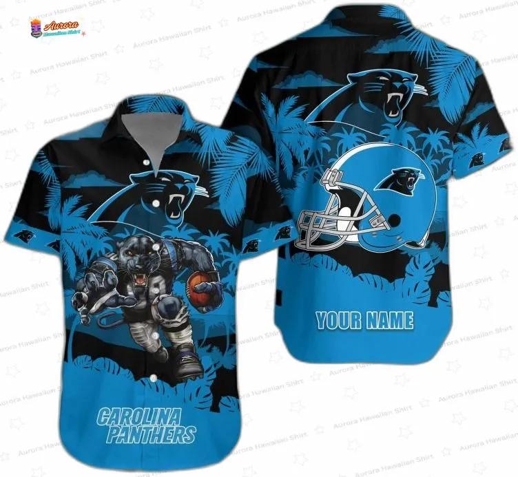 Custom Gridiron Warrior Carolina Panthers Hawaiian Shirt, Blue Tropical Fan Aloha Button-Up Custom Gridiron Warrior Carolina Panthers Hawaiian Shirt, Blue Tropical Fan Aloha Button-Up