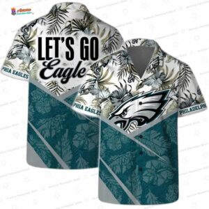 Let’s Go Tropical Philadelphia Eagles Hawaiian Shirt, Teal Floral Fan Aloha Button-Up
