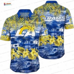 Sunset Tropics Los Angeles Rams Hawaiian Shirt, Blue Yellow Beach Style