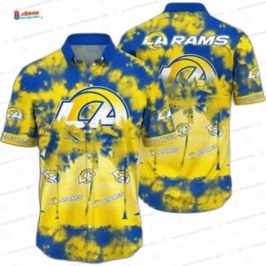 Blue Yellow Tie-Dye Los Angeles Rams Hawaiian Shirt, Palm Fan Aloha Button-Up