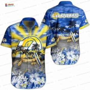 Tropical Sunrise Los Angeles Rams Hawaiian Shirt, Blue Yellow Paradise Style