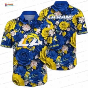 Blue Yellow Floral Los Angeles Rams Hawaiian Shirt, Tropical Fan Aloha Button-Up