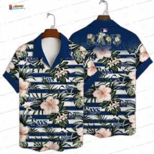 Navy Striped Hibiscus Tampa Bay Rays Hawaiian Shirt, Tropical Aloha Button-Up