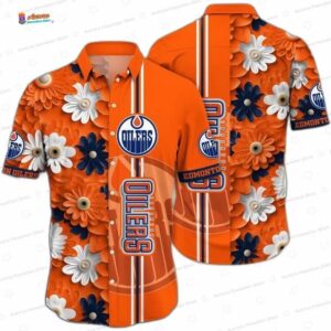 Retro Floral Groove Edmonton Oilers Hawaiian Shirt, Orange Blue NHL Aloha Button-Up for Hockey Fan Gift