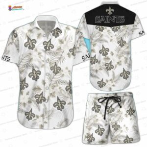 Tropical Crest New Orleans Saints Hawaiian Shirt Set, White Floral Game Day