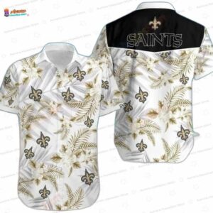 White Fleur Leaf New Orleans Saints Hawaiian Shirt, Tropical Fan Aloha Button-Up