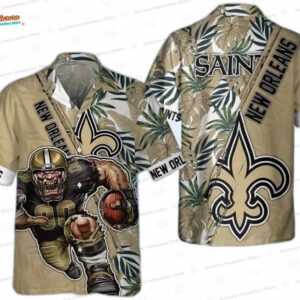 Tropical Warrior New Orleans Saints Hawaiian Shirt, Gold Leaf Game Day