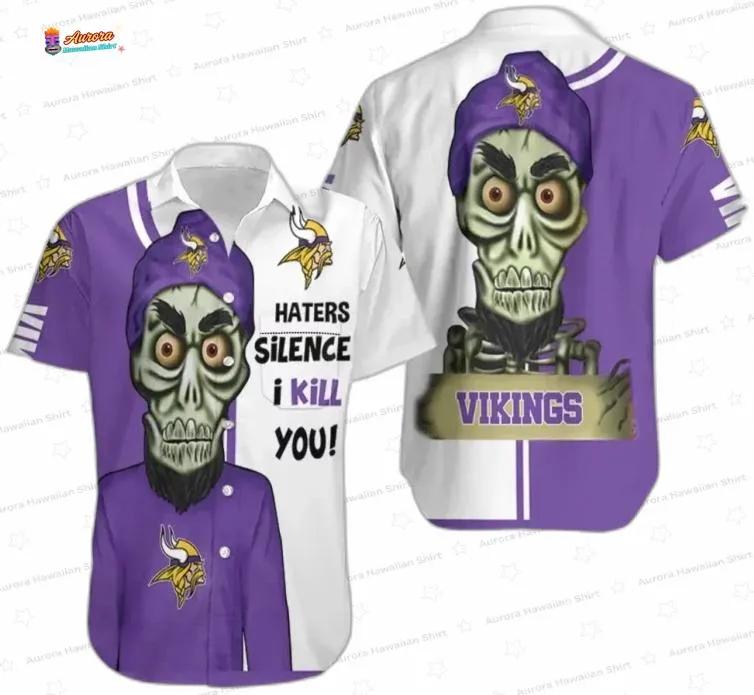 Purple Skeleton Hype Minnesota Vikings Hawaiian Shirt, Graphic Fan Aloha Button-Up Purple Skeleton Hype Minnesota Vikings Hawaiian Shirt, Graphic Fan Aloha Button-Up