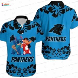 Blue Lilo & Stitch Carolina Panthers Hawaiian Shirt, Beach Fan Aloha Button-Up
