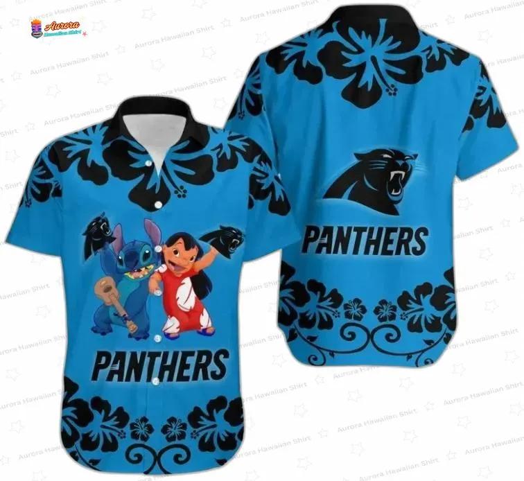 Blue Lilo & Stitch Carolina Panthers Hawaiian Shirt, Beach Fan Aloha Button-Up Blue Lilo & Stitch Carolina Panthers Hawaiian Shirt, Beach Fan Aloha Button-Up