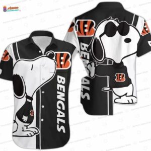 Snoopy Classic Cincinnati Bengals Hawaiian Shirt, Black White Cartoon Dog NFL Aloha Button-Up for Football Fan Gift