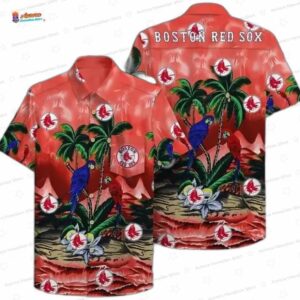 Jungle Parrot Paradise Boston Red Sox Hawaiian Shirt, Tropical Fan Aloha Button-Up