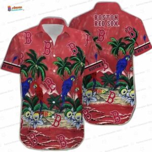 Red Parrot Paradise Boston Red Sox Hawaiian Shirt, Tropical Sunset Aloha Button-Up