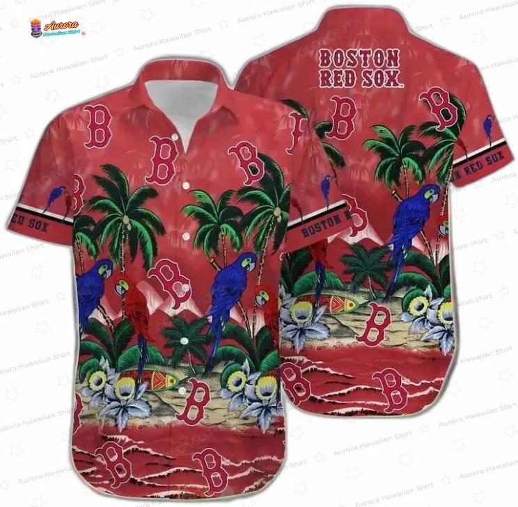 Red Parrot Paradise Boston Red Sox Hawaiian Shirt, Tropical Sunset Aloha Button-Up Red Parrot Paradise Boston Red Sox Hawaiian Shirt, Tropical Sunset Aloha Button-Up