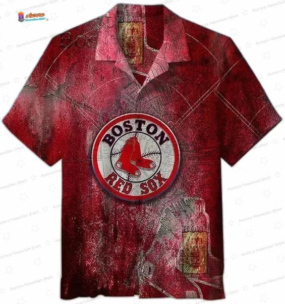 Vintage Map Graphic Boston Red Sox Hawaiian Shirt, Red Fan Style Vintage Map Graphic Boston Red Sox Hawaiian Shirt, Red Fan Style