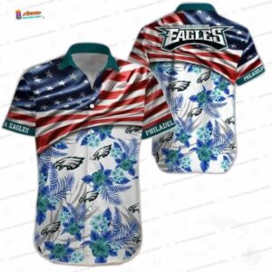 Patriotic Floral Philadelphia Eagles Hawaiian Shirt, Coastal Fan Aloha Button-Up