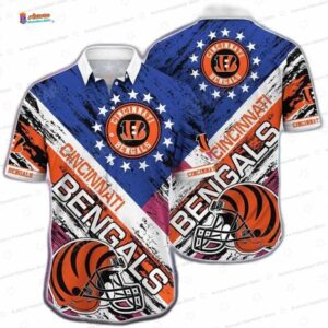 Stars and Stripes Cincinnati Bengals Hawaiian Shirt, Orange Blue NFL Aloha Button-Up for Football Fan Gift