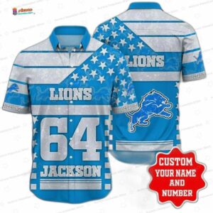 Custom Stars and Stripes Detroit Lions Hawaiian Shirt, Jersey Number Fan Aloha Button-Up