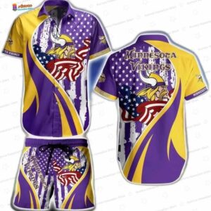Stars and Stripes Minnesota Vikings Hawaiian Shirt Set, Purple Gold Game Day