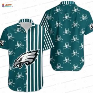 Skull Stripe Philadelphia Eagles Hawaiian Shirt, Teal Game Day Button-Up