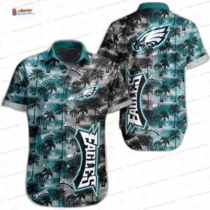 Teal Sunset Palm Philadelphia Eagles Hawaiian Shirt, Coastal Fan Aloha Button-Up