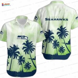 Green Sunset Palms Seattle Seahawks Hawaiian Shirt, Beach Fan Aloha Button-Up