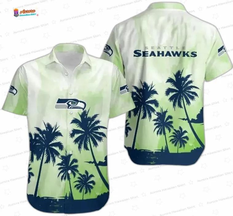 Green Sunset Palms Seattle Seahawks Hawaiian Shirt, Beach Fan Aloha Button-Up Green Sunset Palms Seattle Seahawks Hawaiian Shirt, Beach Fan Aloha Button-Up