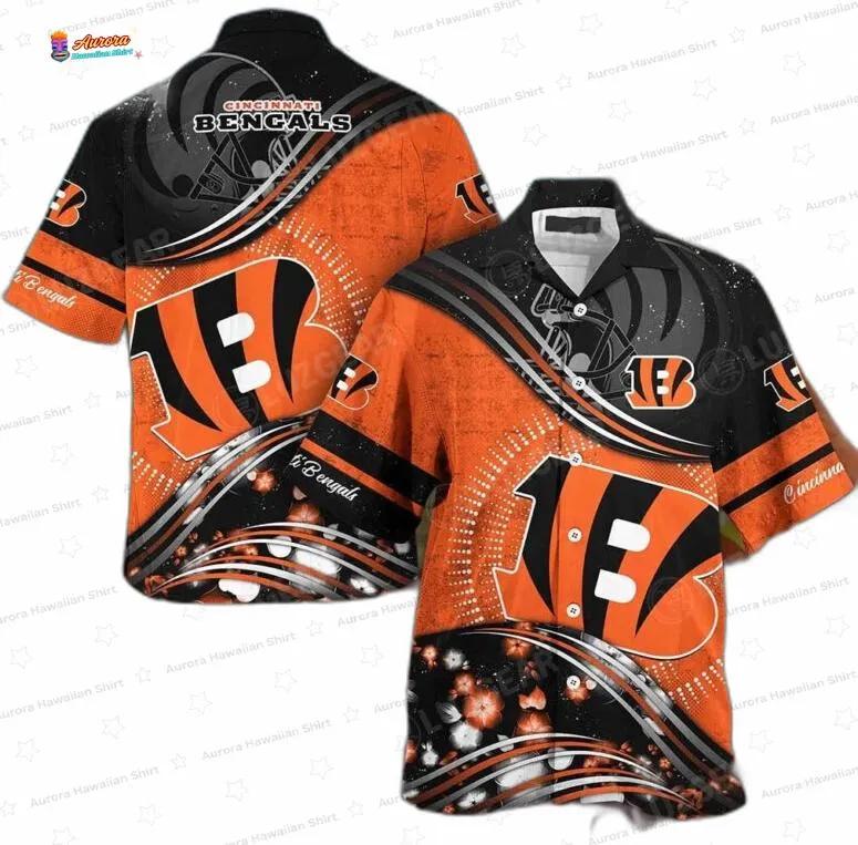 Sunset Rush Cincinnati Bengals Hawaiian Shirt, Orange Black NFL Aloha Button-Up for Football Fan Gift Sunset Rush Cincinnati Bengals Hawaiian Shirt, Orange Black NFL Aloha Button-Up for Football Fan Gift