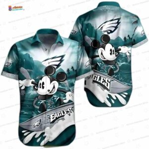 Teal Surf Mickey Philadelphia Eagles Hawaiian Shirt, Beach Fan Aloha Button-Up