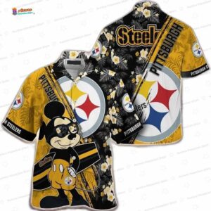 Surfing Mickey Black Gold Pittsburgh Steelers Hawaiian Shirt