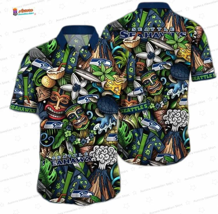Tiki Tropics Seattle Seahawks Hawaiian Shirt, All-Over Island Style Tiki Tropics Seattle Seahawks Hawaiian Shirt, All-Over Island Style