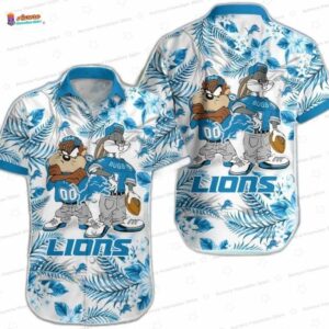 Toon Squad Detroit Lions Hawaiian Shirt, Blue Floral Kickoff Button-Up