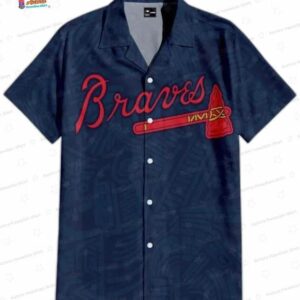 Tribal Motifs Atlanta Braves Hawaiian Shirt, Navy Golden Fan Style