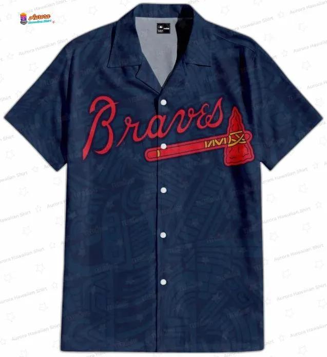 Tribal Motifs Atlanta Braves Hawaiian Shirt, Navy Golden Fan Style Tribal Motifs Atlanta Braves Hawaiian Shirt, Navy Golden Fan Style