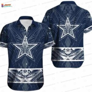 Navy Tribal Star Dallas Cowboys Hawaiian Shirt, Island Game Day Button-Up