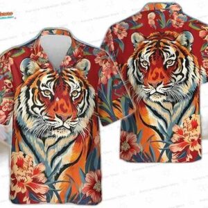 Jungle Majesty Tiger Hawaiian Shirt, Floral Safari Resort Button-Up