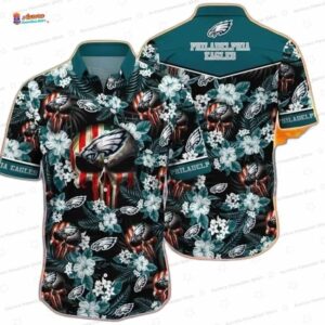 Midnight Tropical Blooms Philadelphia Eagles Hawaiian Shirt, Beach Fan Aloha Button-Up