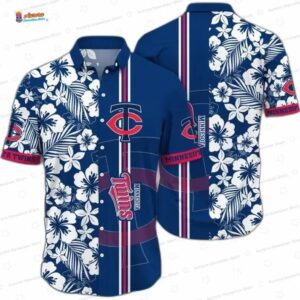 Navy Tropical Blossom Minnesota Twins Hawaiian Shirt, Floral Aloha Button-Up