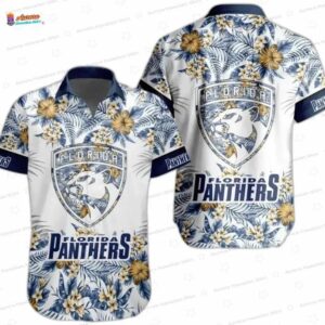 Blue Gold Tropical Floral Game Day Florida Panthers Hawaiian Shirts