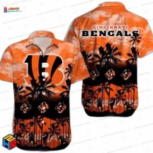 Tropical Dusk Cincinnati Bengals Hawaiian Shirt, Orange Palm Sunset NFL Aloha Button-Up for Football Fan Gift
