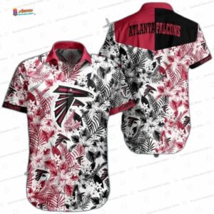 Red Hibiscus Split Atlanta Falcons Hawaiian Shirt, Floral Fan Aloha Button-Up